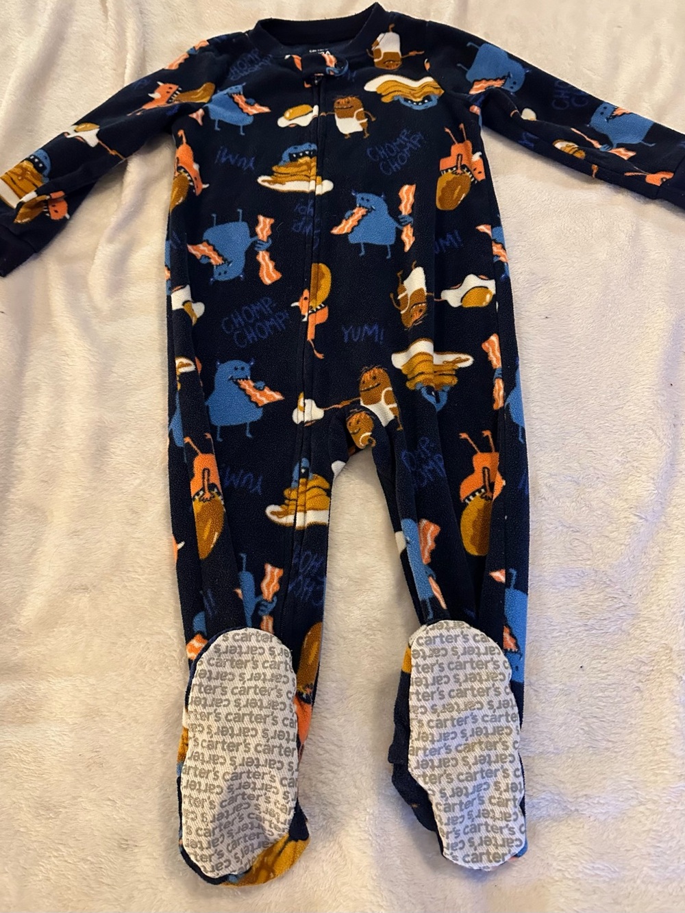 Carter's Navy Blue Fleece Footed Pajamas with Snack Character Print